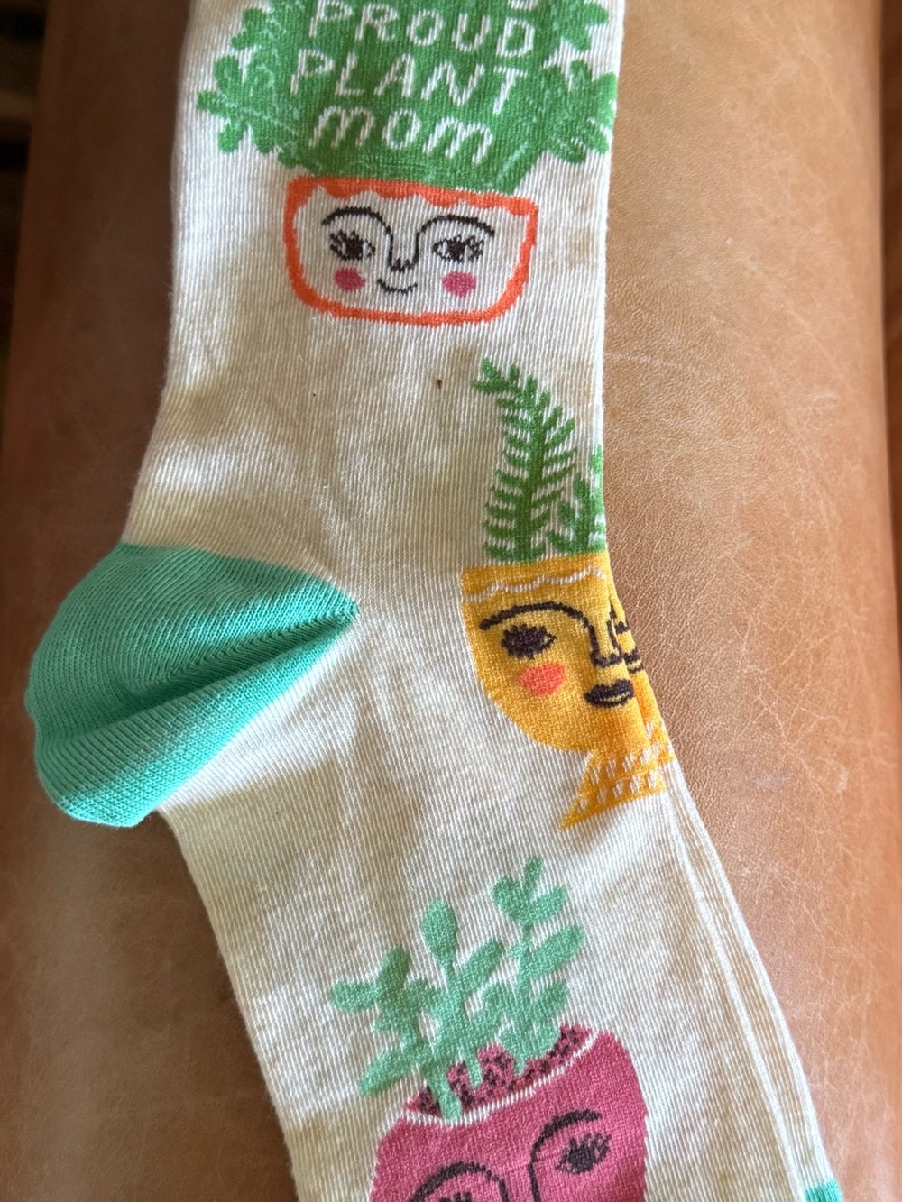 Blue Q Cream Crew Socks with Pink & Green Plant Design - Picture 3 of 3